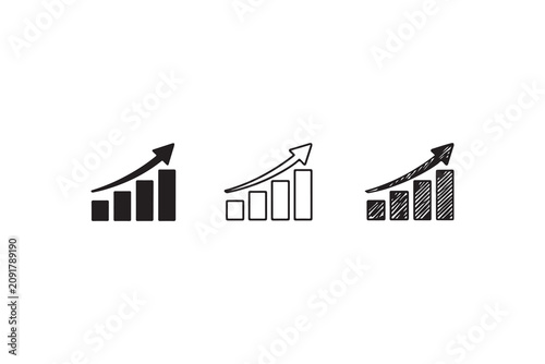 Bar graph with upward trend three variations black silhouette