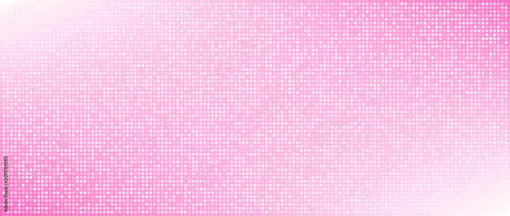Fototapeta premium Reflective square tiles with glowing light and retro vibes. Sequin pink disco texture for dance floor, club and fashion design. Vector illustration. Eps10