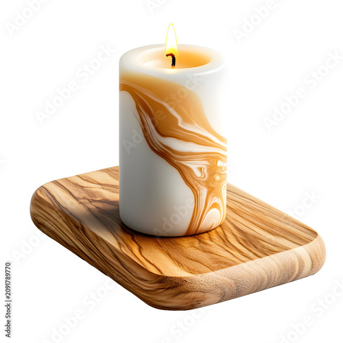 Lit marble texture pillar candle on a wooden tray isolated on a transparent background