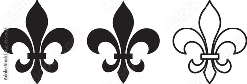 Konstfotografi Fleur de lis vector icon set featuring traditional French lily heraldic symbols in black solid silhouette style for luxury branding, logo design, and elegant vector illustration collection