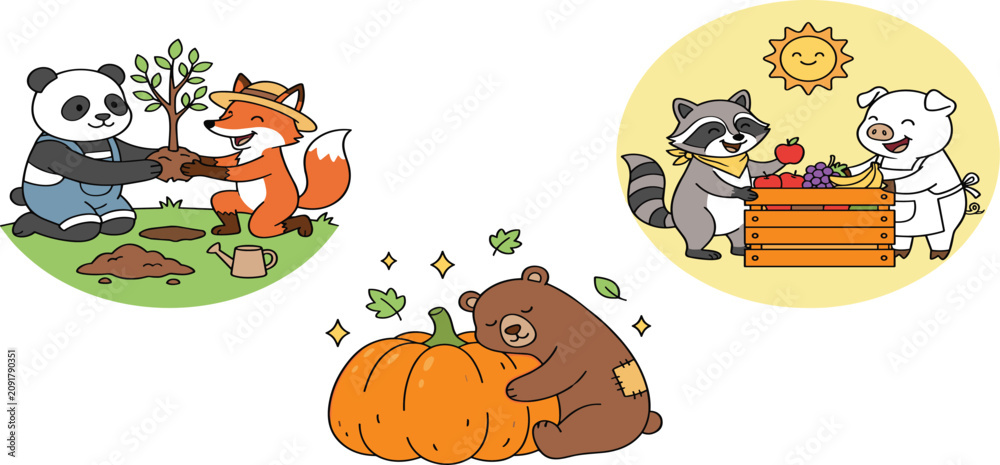 Fototapeta premium Cute cartoon animals gardening and harvesting illustration set with panda fox raccoon pig and bear