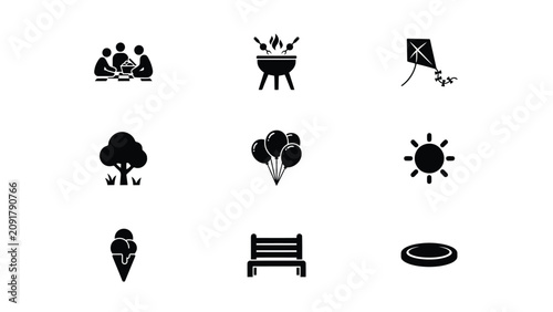 Flat vector icons set featuring outdoor social gatherings with minimalist collection nine black white icons with displays clean minimalist