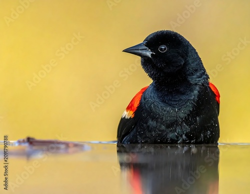 Vibrant Black Bird Resting in Calm Water with Golden Background
