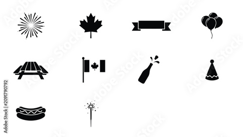 Minimalist black and white celebration icons set with outdoor gatherings modern evoking themes festivity graphic design