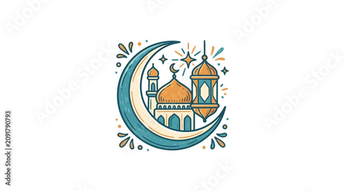 Islamic crescent moon with mosque and traditional lantern.