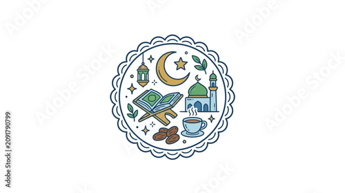 Islamic emblem with mosque moon and book.