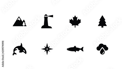 Konstfotografi Modern minimalist black icons set featuring mountain lighthouse maple leaf tree