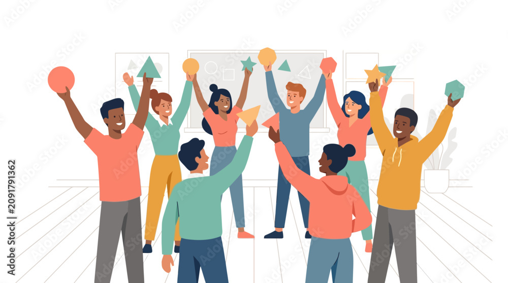 Obraz premium Flat design illustration of a diverse group of multicultural students holding colorful geometric shapes including circles, triangles, and stars in a bright classroom setting.
