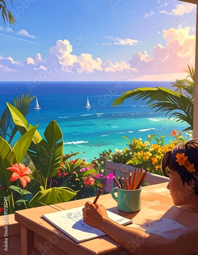 Young Woman Sketching at Sunlit Tropical Balcony Overlooking Turquoise Ocean