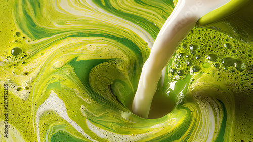 A vibrant swirl of green and white liquid, creating a stunning abstract pattern in a bowl.