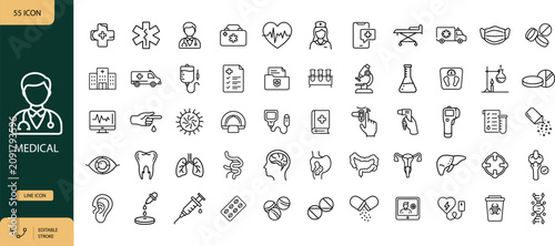 Medical Line Icons Set, Healthcare Hospital and Doctor Profession Outline Symbols. Vector Illustration