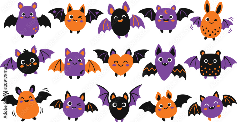 Obraz premium Cute halloween bat characters collection vector illustration for spooky season designs and festive decorations