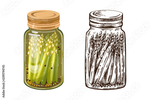 Quadro su tela Pickled asparagus in glass jar preserved vegetable food homemade marinated aspar