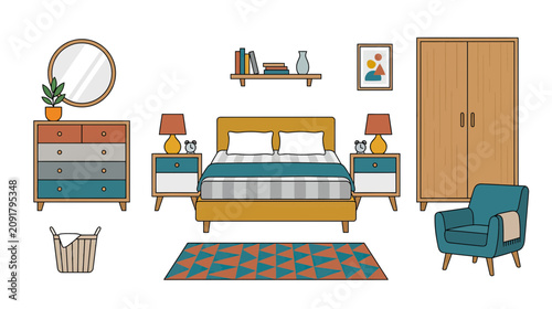 Foto Cozy Bedroom Interior Design Elements, Modern Furniture and Decor Illustration