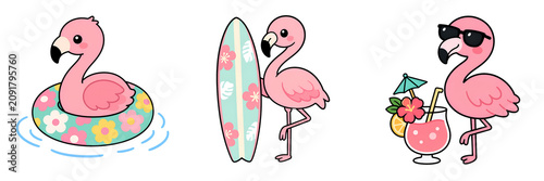Cute flamingo pool float summer vacation cartoon, tropical pink bird surfboard beach holiday drink illustration