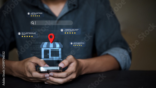 Local Business Search on Smartphone with Store Location Pin, Customer Reviews, Ratings and Mobile Maps for Digital Marketing