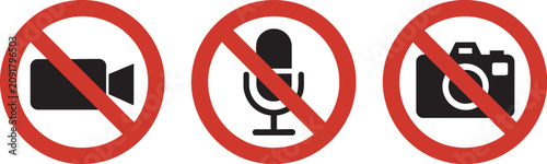 Foto No record icon set, mute, camera, and microphone symbols with red crossed out circles, vector illustration for video conferencing, audio control, privacy indicators, and clean interface graphics