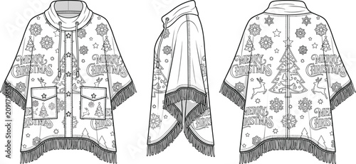 Bild auf Leinwand Christmas winter poncho hoodie technical flat fashion sketch template showing fr