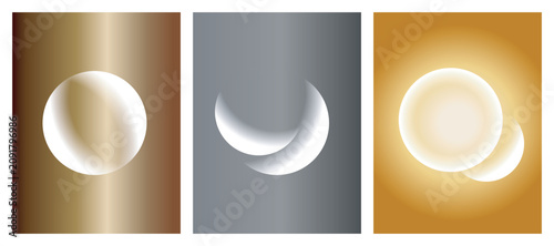 Abstract vector set of glowing moon phases and celestial spheres with soft gradient backgrounds