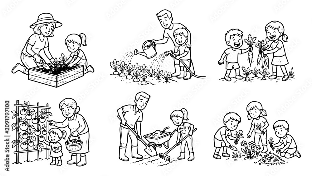 Fototapeta premium Set of Six Family Gardening Illustrations with Parents and Children Planting Watering Harvesting and Digging Line Art Vector Collection
