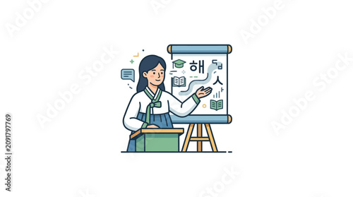 A Korean woman in traditional hanbok teaching language at a whiteboard.