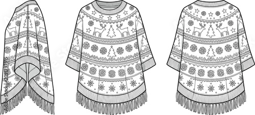 Foto Christmas winter poncho with fringe tassel technical fashion sketch front side a