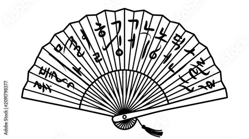 A black and white line art illustration of a traditional folding fan with Korean calligraphy.