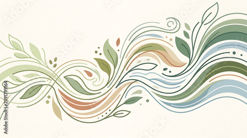 Elegant abstract illustration of flowing organic green waves and leaves on a light background