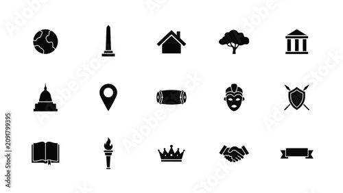 Canvas Print Minimalist black icons set featuring symbols of culture travel nature and societ