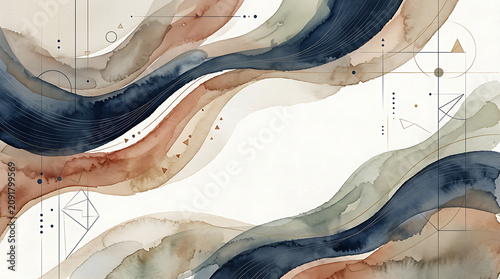 Abstract watercolor background with flowing wavy earth tone colors and geometric line art elements