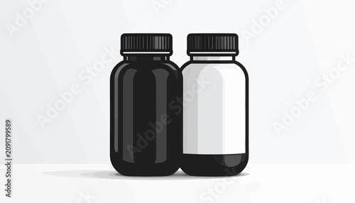 Fotografie Two small black and white medicine bottles.