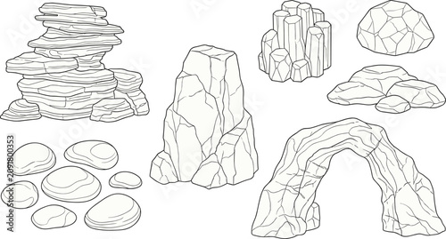 Tableau sur toile Hand drawn rock formations stones and boulders line art set for landscape design