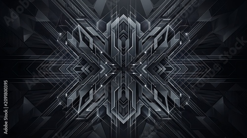 Dark Futuristic Geometric Pattern Glowing in Symmetrical Abstract Digital Space