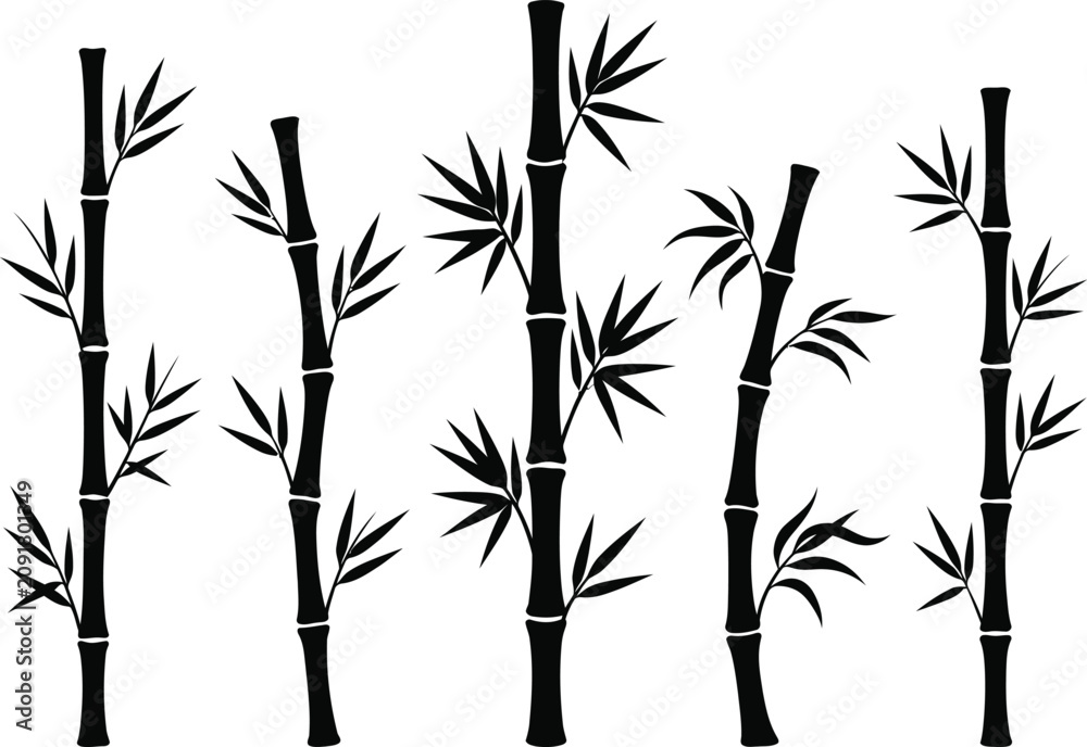 Fototapeta premium Set of black bamboo stalk silhouettes for zen design elements