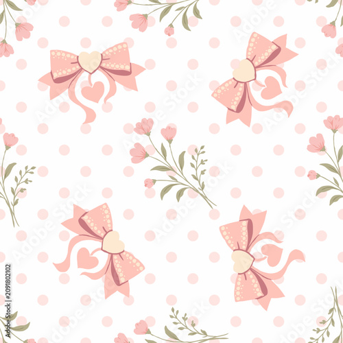 Cute seamless bow pattern with pink ribbons, hearts, polka dots and delicate floral branches on white background, kawaii romantic design for fabric, wallpaper and textile.