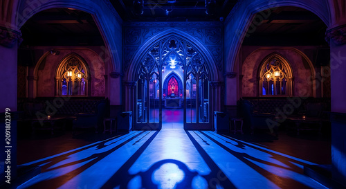 Gothic archway in dimly lit interior with blue with illuminated blue red lights