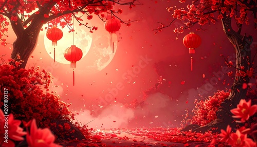 Glowing Red Lanterns Hanging Beneath Blossoming Trees in Moonlit Garden Path