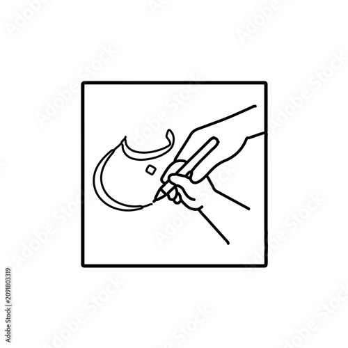 Minimalist line art illustration of a mother's hand gently guiding her child's hand, drawing abstract calligraphy in the air, symbolizing early education and guidance.
 