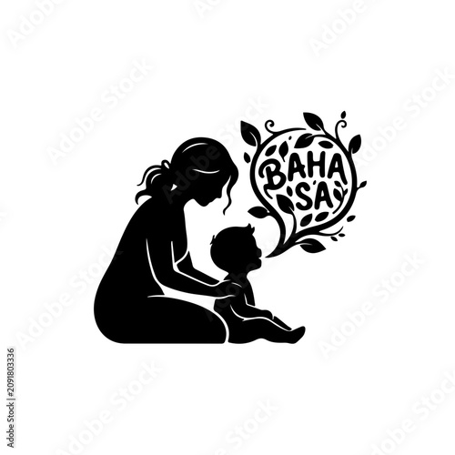 Minimalist black and white organic illustration of a mother looking at her child, with a speech bubble shaped like a sprouting leaf, symbolizing language growth and nurturing.
 