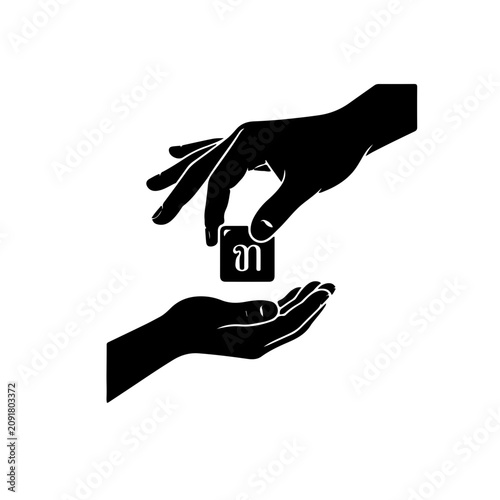 Minimalist negative space illustration of a mother’s hand passing an engraved letter coin to her child, symbolizing the inheritance of language and cultural heritage.
 