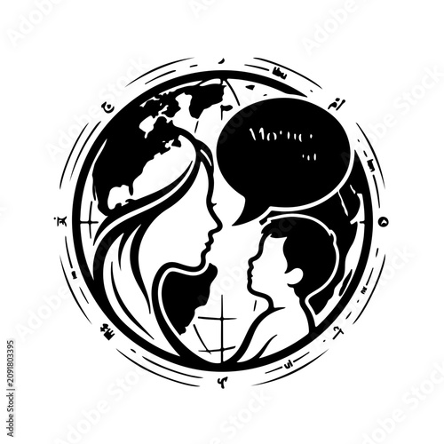 black and white typography illustration featuring a mother and child silhouette forming a subtle globe, with a speech bubble filled with the word 