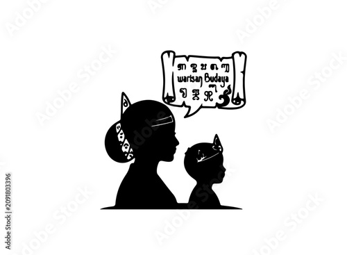 black and white ethnic illustration of a mother and child wearing traditional headdresses, with an ancient scroll speech bubble containing historical symbols and cultural heritage.
