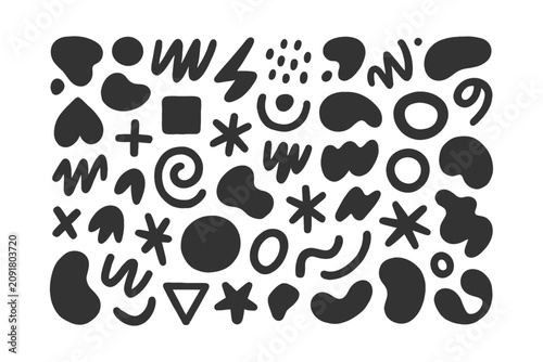 Diverse collection of hand drawn organic shapes and abstract doodle elements arranged in a clean simple black and white pattern