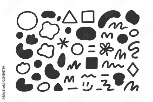 Hand drawn doodle set featuring black organic shapes circles squares triangles wavy lines and floral accents on a white background
