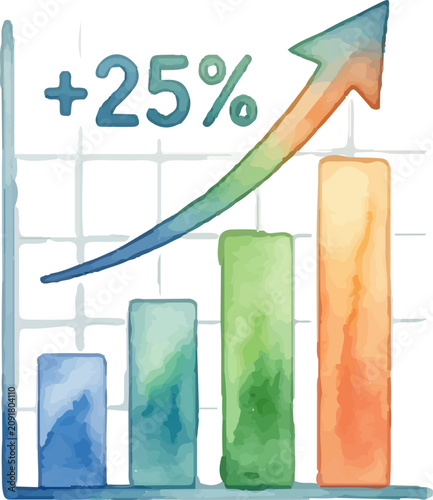 Business growth visualization in watercolor style shows a colorful bar chart with a 25 increase. Perfect for presentations, reports, and infographics.