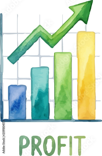 Watercolor bar chart symbolizes business growth, financial success with profit trends. Ideal for presentations, reports, and promotional materials.
