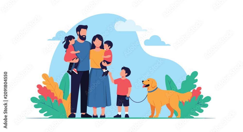 Naklejka premium Happy family with three young children and their loyal golden retriever dog stands together in front of a blue sky background.