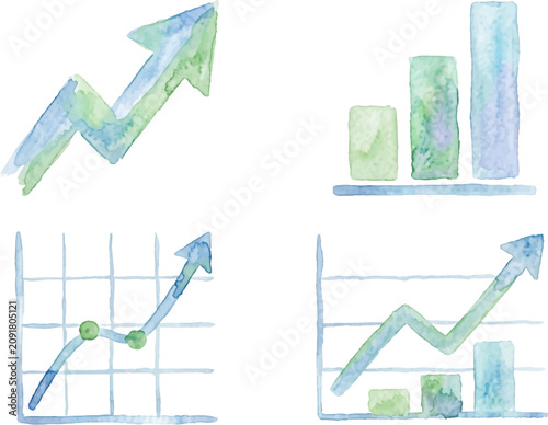 Business growth chart painted in blue green watercolor with artistic style suitable for presentations, reports, websites, and marketing materials.