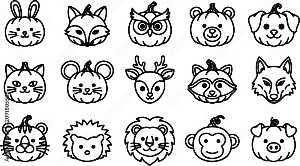 Fototapeta premium Halloween vector bundle cute animal faces line art for spooky designs