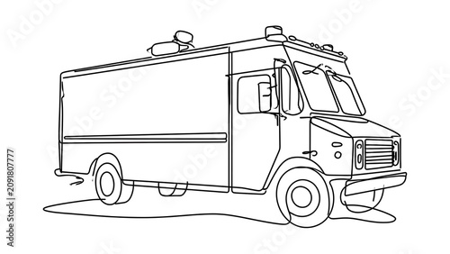 Food truck line art illustration white background.